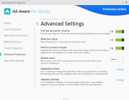 Showing the Ad-Aware Pro Security advanced settings for the network protection module